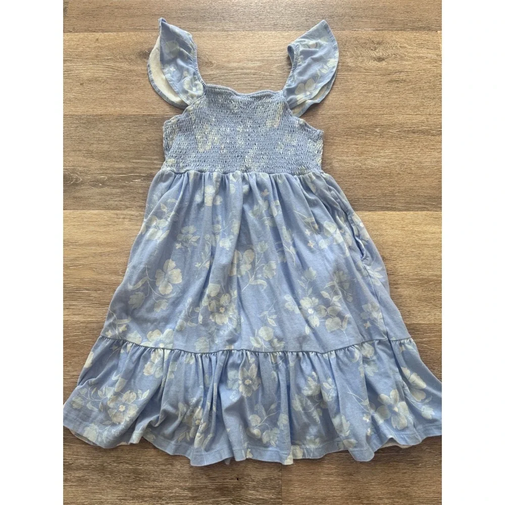 Old Navy Girls Blue Floral Smocked Flutter Sleeve Dress Pockets Size L 10-12